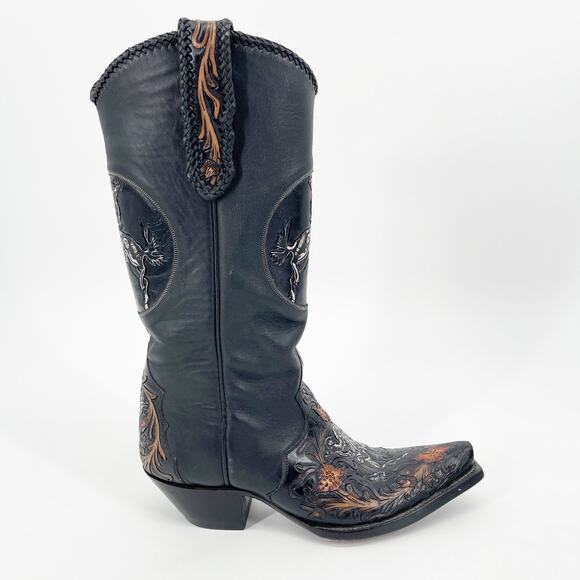 Liberty Boot Co. Vintage Women’s 7 Black Bucking Bronco Tooled Snip Toe Boots - Picture 3 of 14